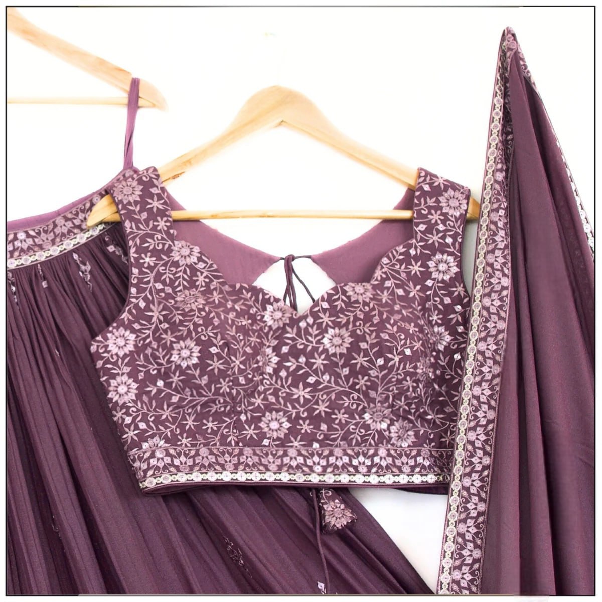 Close-up of 3MM+5MM Sequin and Jari Thread Embroidery on Rose Brown Georgette Lehenga